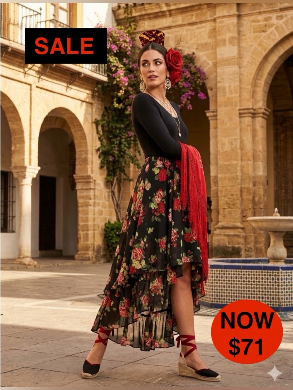 Metaphor Black Rose Floral Hi-Lo Ruffle Skirt - EUC - Small Y2K